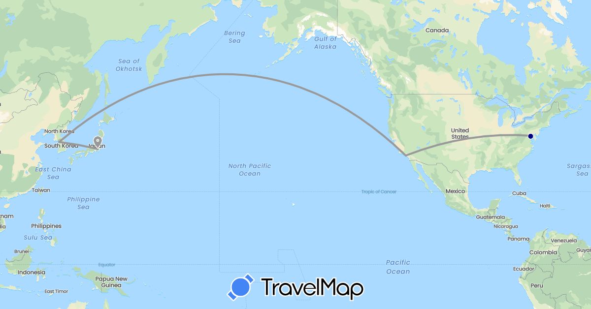 TravelMap itinerary: driving, plane in Japan, South Korea, United States (Asia, North America)